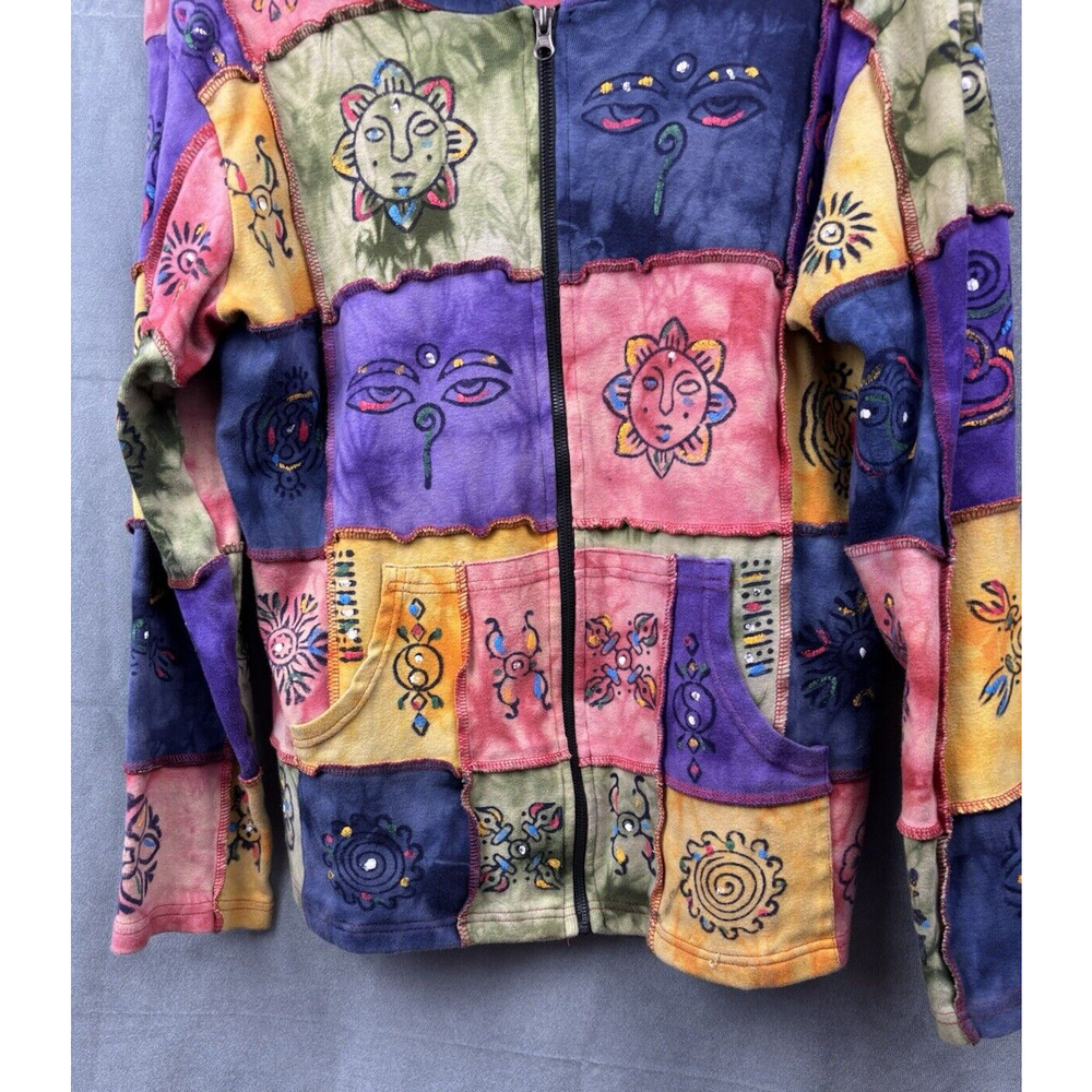 Rising International Patchwork Hoodie Jacket Womens Size L Hippie Boho Tie Dye - Picture 4 of 13
